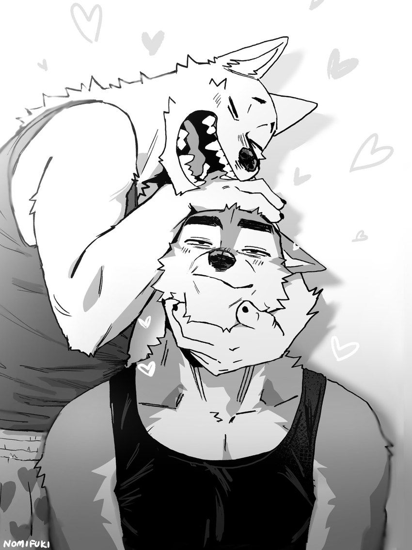 anthro big_muscles biped black_clothing black_shirt black_tank_top black_topwear clothing duo fur heart_symbol hugging_head laugh male muscular muscular_anthro muscular_male romantic romantic_couple shirt tank_top topwear white_body white_fur nomifuki canid canine canis mammal wolf 2024 greyscale hi_res monochrome