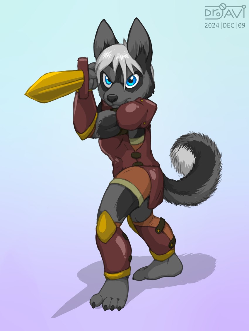 anthro armor barefoot blue_eyes brown_armor clothing feet female fusion grey_body grey_hair hair holding_object holding_weapon melee_weapon orange_clothing simple_background solo sword weapon drjavi canid canine canis domestic_dog husky mammal nordic_sled_dog spitz 3:4 hi_res