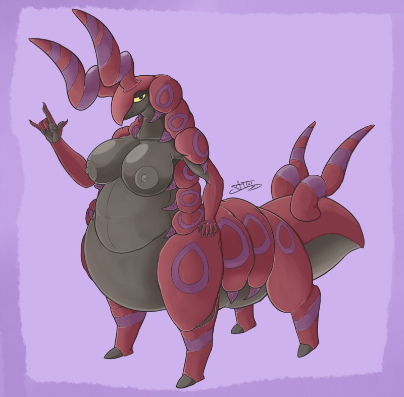 antennae_(anatomy) areola belly big_areola big_breasts breasts devil_horns_(gesture) exoskeleton female gesture grey_areola grey_nipples hand_gesture long_nails looking_at_viewer nipples non-mammal_breasts non-mammal_nipples overweight overweight_female overweight_taur purple_background simple_background smile solo standing taurification taurified three-quarter_view ruthredmane nintendo pokemon arthropod generation_5_pokemon myriapod pokemon_(species) pokemon_taur scolipede taur 2012 digital_media_(artwork) full-length_portrait portrait signature