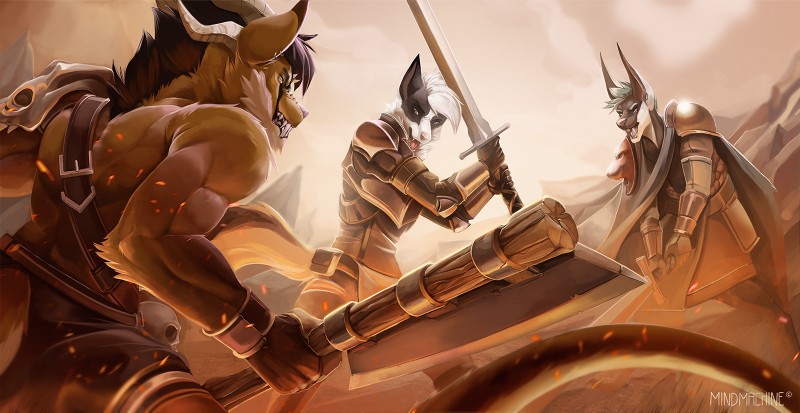 anthro armor black_hair clothed clothing day detailed_background group hair holding_melee_weapon holding_object holding_sword holding_weapon male melee_weapon outside sword weapon white_hair mindmachine dasa keegan_(gasaraki2007) acrador canid canine canis fox jackal mammal marble_fox red_fox true_fox 2018 digital_media_(artwork) hi_res