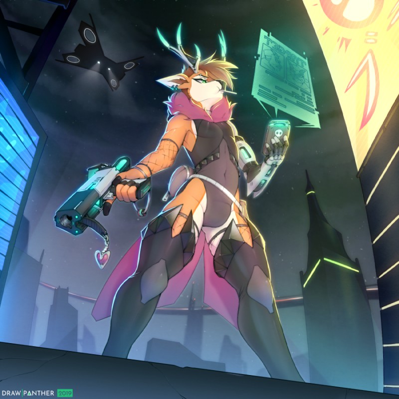 anthro antlers bulge candy city clothed clothing crossdressing cyberpunk dessert electronics femboy fishnet_clothing food gun horn legwear leotard lollipop low-angle_view male navel night outside phone ranged_weapon solo standing technology thigh_highs tight_clothing weapon drawpanther plexel deer mammal 1:1