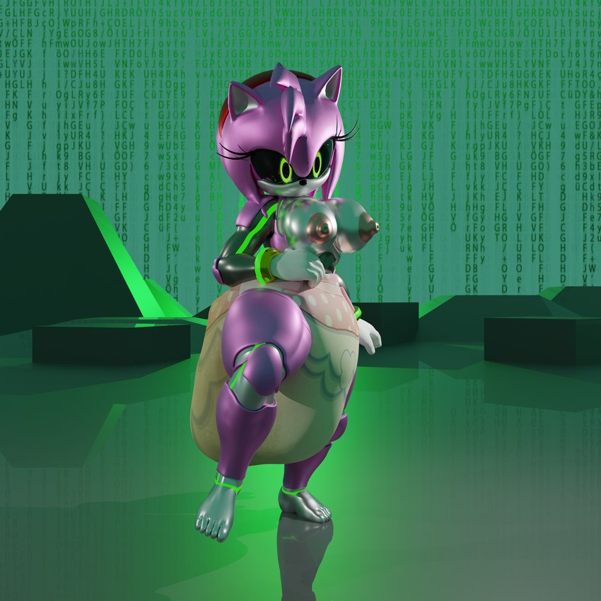 alternate_form anthro barefoot black_sclera breasts clothed clothing cyberspace diaper diaper_only feces feet female glowing green_eyes machine metallic_body nipples pink_body raised_foot soiled_diaper soiling solo topless unclean_diaper used_diaper wearing_diaper poofybunx sega sonic_the_hedgehog_(series) amy_rose metal_amy android eulipotyphlan hedgehog mammal robot 1:1 3d_(artwork) absurd_res blender_(artwork) digital_media_(artwork) hi_res