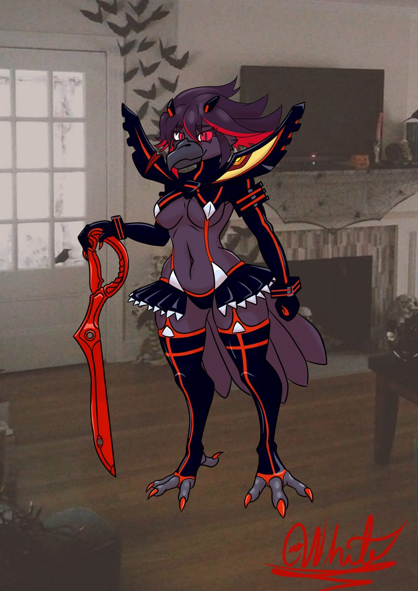 anthro breasts clothed clothing cosplay female highlights_(coloring) holding_object holding_weapon melee_weapon non-mammal_breasts photo_background solo sword weapon crowhite kill_la_kill studio_trigger ryuko_matoi avian bird corvid corvus_(genus) crow oscine passerine absurd_res hi_res photography_(artwork)