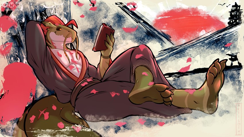 anthro asian_clothing book cherry_blossom cherry_blossom_tree cherry_tree claws clothed clothed_male clothing east_asian_clothing feet fin flower fruit_tree green_body head_fin holding_book holding_object japanese_clothing kimono kimono_only male multicolored_body pecs plant prunus_(flower) reading reading_book relaxing simple_background teeth tree whiskers aktiloth mythology ryusui_(drakinhydra) dragon fish hybrid marine mythological_creature mythological_scalie scalie hi_res