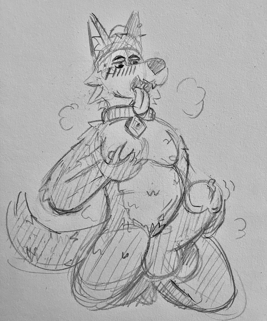 anthro balls big_penis blush blush_lines bodily_fluids breath collar collar_only erection genitals glans huge_penis hyper hyper_genitalia hyper_penis male musk musk_cloud narrowed_eyes nude panting penis solo sweat sweatdrop tail tongue tongue_out anonymous_artist epic_games fortnite wendell_(fortnite) canid canine canis mammal wolf absurd_res graphite_(artwork) hi_res monochrome sketch traditional_media_(artwork)