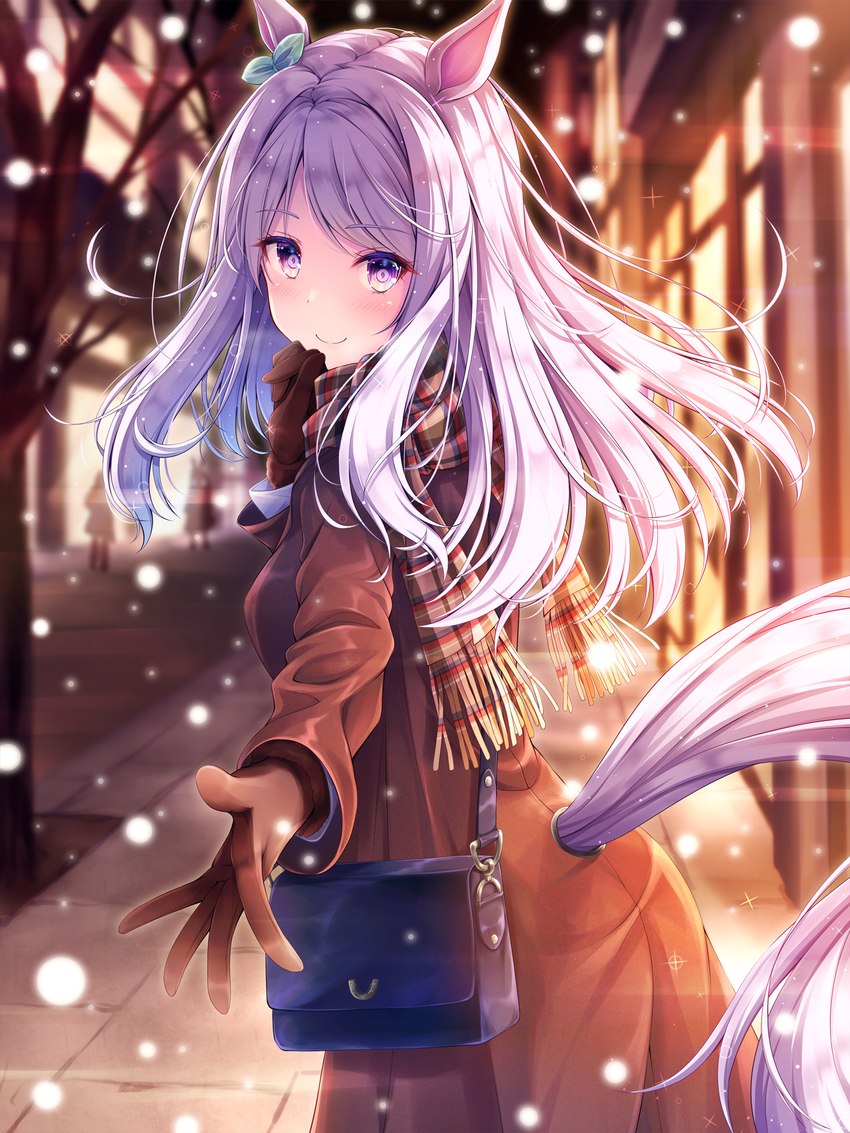 clothing female furgonomics gloves grey_hair hair handwear outside purple_eyes purse scarf smile solo akasiosio cygames uma_musume_pretty_derby mejiro_mcqueen_(pretty_derby) animal_humanoid equid equid_humanoid equine equine_humanoid horse_humanoid humanoid mammal mammal_humanoid 2021 3:4 hi_res