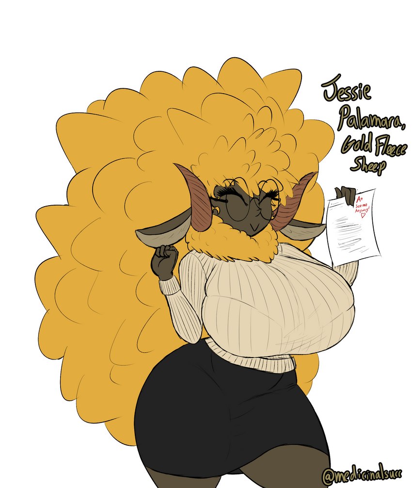 big_breasts big_ears bottomwear breasts clothing eyewear female fluffy glasses horn huge_breasts jessie_palamara skirt solo sweater thick_thighs topwear wide_hips medicinal_succ bovid caprine humanoid mammal sheep hi_res