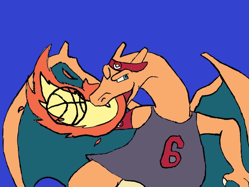 ambiguous_gender anthro back_wings ball basketball basketball_(ball) basketball_uniform blue_background blue_eyes bottomless breath_powers clothed clothing elemental_manipulation fire fire_breathing fire_manipulation horn jersey membrane_(anatomy) membranous_wings orange_body orange_scales playing_basketball playing_sport pokeball scales simple_background solo sport sports_jersey sportswear sweatband uniform wings savy_(artist) nintendo pokemon charizard generation_1_pokemon pokemon_(species) 2022 4:3 digital_drawing_(artwork) digital_media_(artwork) firealpaca_(artwork) flat_colors half-length_portrait hi_res portrait