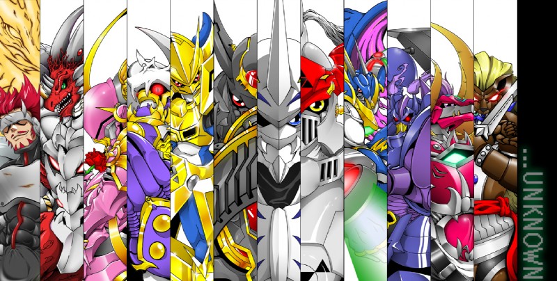 ambiguous_gender armor blonde_hair buckle cape claws clothing facial_markings forehead_markings gauntlets gloves green_eyes group hair handwear head_markings headgear helmet horn knight lineup long_coat male markings melee_weapon red_eyes red_hair shield shoulder_pads spikes sword symbol visor warrior weapon wings yellow_eyes zero_unit sinko bandai_namco digimon mythology alphamon craniamon crusadermon digimon_(species) dragon duftmon dynasmon examon gallantmon gankoomon kentaurosmon magnamon mythological_creature mythological_scalie omnimon scalie ulforceveedramon x-digimon