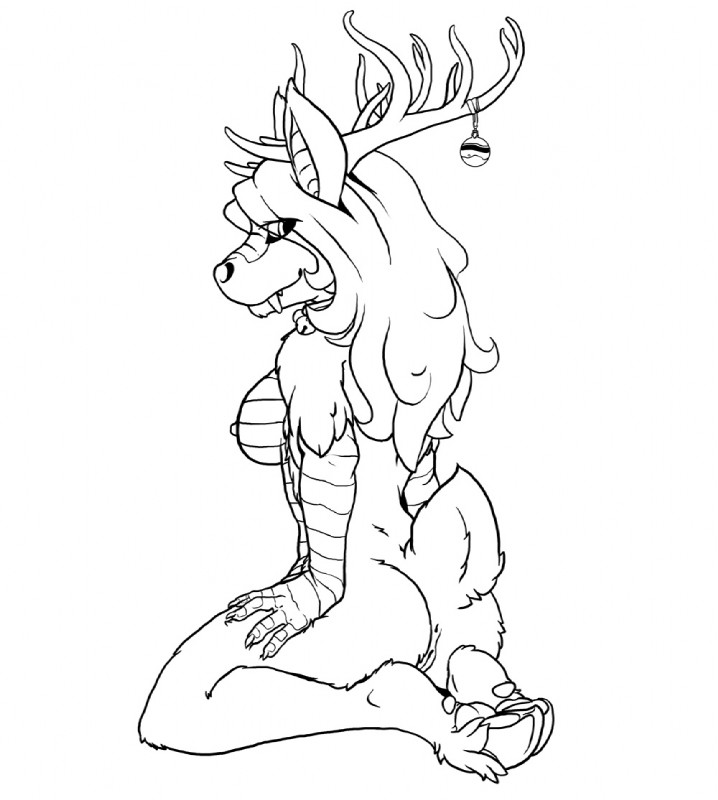 5_fingers anthro anus biped breasts collar female fingers genitals hair horn looking_at_viewer nipples non-mammal_breasts non-mammal_nipples pussy sitting solo tail bleuhawke mythology deer dragon hybrid mammal mythological_creature mythological_scalie scalie monochrome