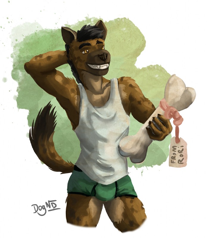 anthro biped boxer_briefs clothing fangs half-closed_eyes male narrowed_eyes shirt simple_background smile solo standing tank_top teeth topwear underwear dognextdoor hyena mammal spotted_hyena