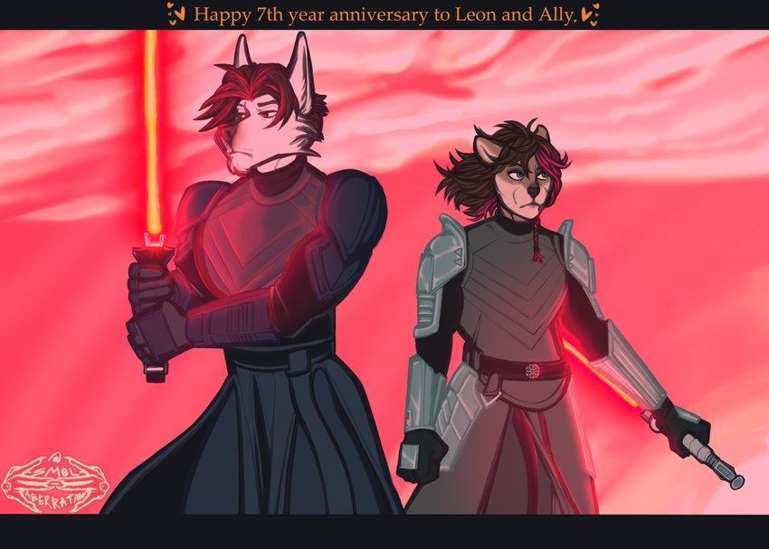 anthro armor clothing duo female lightsaber male melee_weapon red_lightsaber sith sky skyscape text weapon wind smol_aberration star_wars leonzawolf canid canine canis mammal mustelid otter wolf 2023 absurd_res english_text hi_res