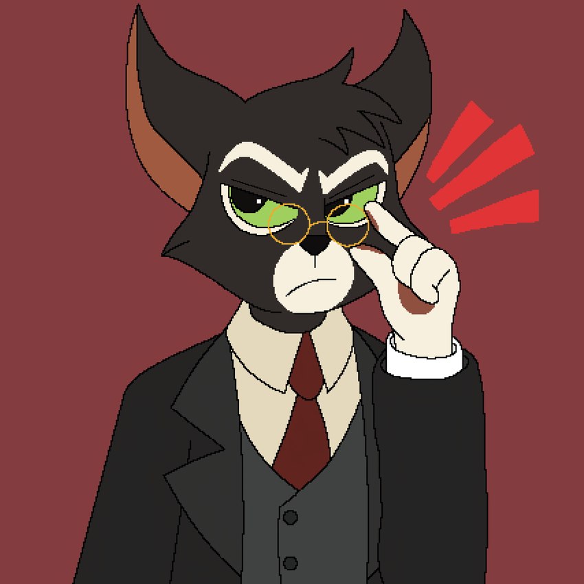 4_fingers angry anthro black_body black_fur black_hair black_nose clothed clothing elegant eyewear fingers fur glasses green_eyes hair male necktie pixelated sign simple_background simple_coloring simple_eyes solo suit text topwear radiosonic94 lackadaisy mordecai_heller domestic_cat felid feline felis humanoid mammal 1:1 absurd_res aliasing digital_media_(artwork) hi_res signature