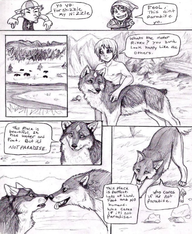 ambiguous_gender clothed clothing dialogue digitigrade feral fur group male quadruped snow text winter natsumewolf rikku wolf's_rain wolf's_rain_next_generation coop_(wrng) natsume_(wrng) oz_(wrng) canid canine canis human mammal wolf comic english_text graphite_(artwork) greyscale monochrome traditional_media_(artwork)