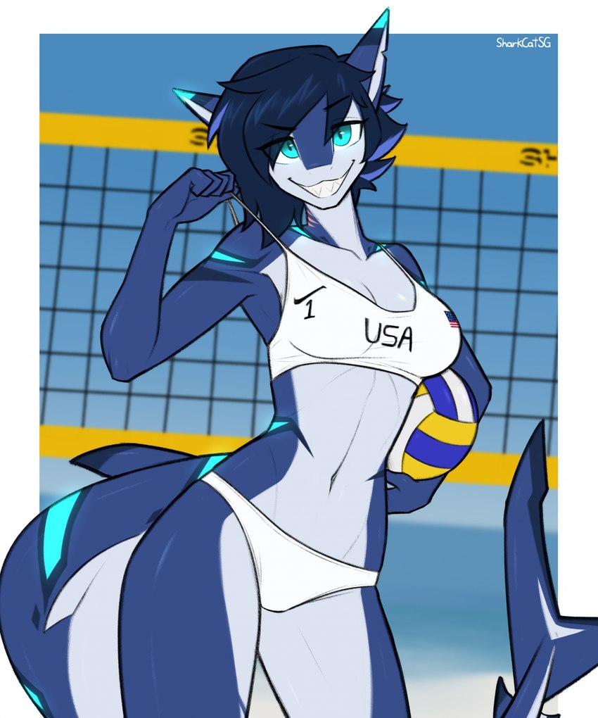 anthro athletic athletic_anthro athletic_female bikini bikini_pull blue_body blue_eyes breasts cleavage clothed clothing clothing_pull cocked_hip countershade_torso countershading day female fin gills grin long_tail looking_at_viewer medium_breasts midriff navel neck_gills net non-mammal_breasts non-mammal_navel outside sharp_teeth sky slim smile solo swimwear swimwear_pull tail tail_fin teeth two-piece_swimsuit volleyball_net volleyball_uniform sharkcatsg fish marine shark hi_res