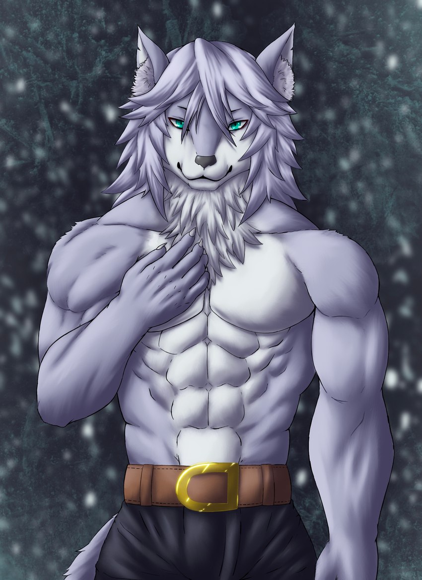 5_fingers abs anthro athletic athletic_anthro athletic_male belt bottomwear claws clothed clothing finger_claws fingers fur grey_body grey_fur grey_hair hair hand_on_chest hand_on_own_chest humanoid_hands inner_ear_fluff male muscular muscular_male navel pants pecs snow snowing solo topless topless_anthro topless_male tuft chibikoma fate_(series) type-moon patxi_(fate) canid canine canis mammal wolf yaga 2021 absurd_res hi_res