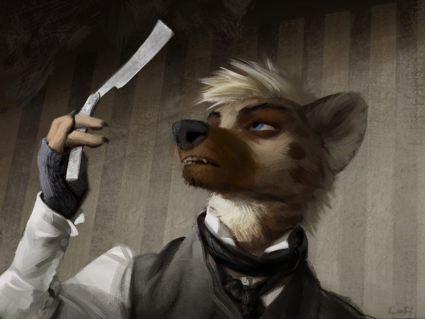 anthro blue_eyes brown_body brown_fur clothed clothing fingerless_gloves fur gloves handwear holding_object looking_at_object markings open_mouth solo spots spotted_body spotted_fur straight_razor tan_body tan_fur lofi sweeney_todd_(play) sweeney_todd yunari hyena mammal spotted_hyena 2017 4:3