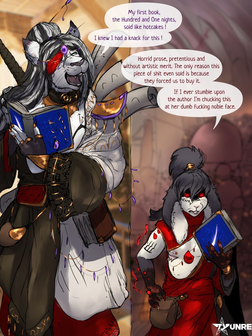 annoyed anthro book clothing dialogue duo eye_patch eyes_closed eyewear female frown happy holding_book holding_object male mastectomy_scar reading red_eyes satchel scar shirt smile speech_bubble topwear tunic visibly_trans tyunre ombrelune albe_(tyunre) hassan_vharr_ombrelune felid lagomorph leporid mammal pantherine rabbit tiger 2024 hi_res trans_(lore) trans_man_(lore)