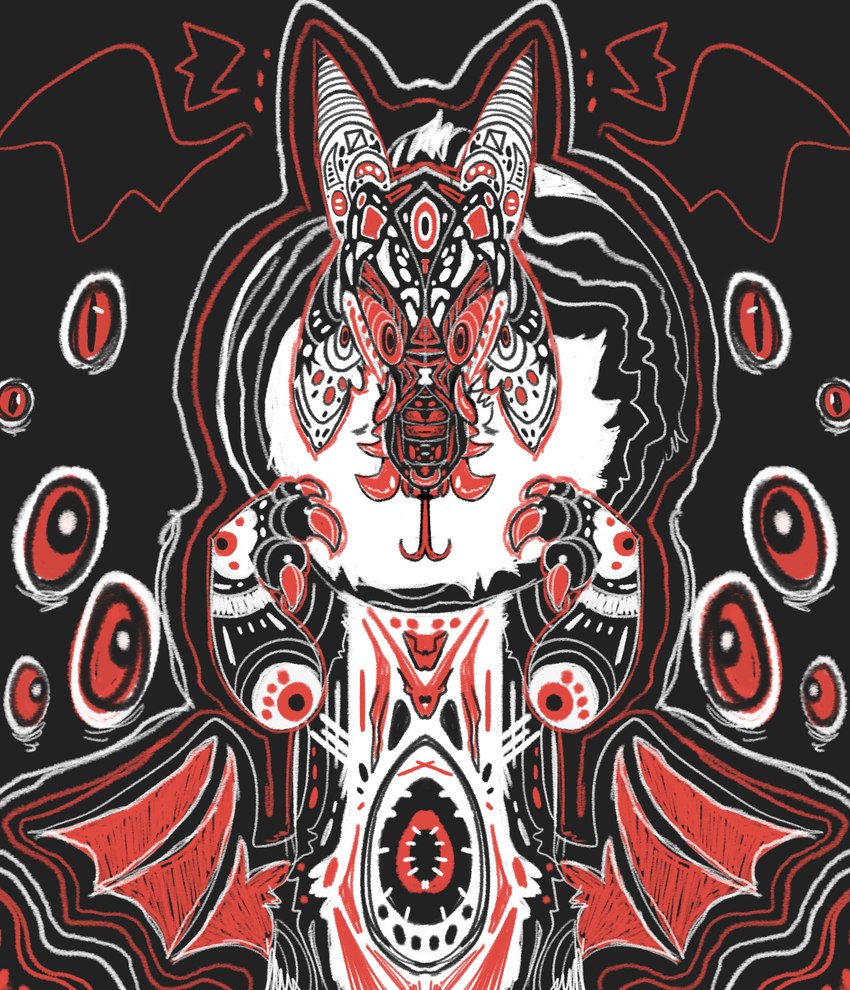 ambiguous_gender anthro butt_wings claws disembodied_eyes finger_claws floppy_ears forked_tongue fur horn lop_ears membrane_(anatomy) membranous_wings psychedelic snout solo teeth tongue unusual_wing_placement wings jaspering bovid caprine caprine_demon demon goat_demon mammal 2019 detailed digital_drawing_(artwork) digital_media_(artwork) hi_res restricted_palette