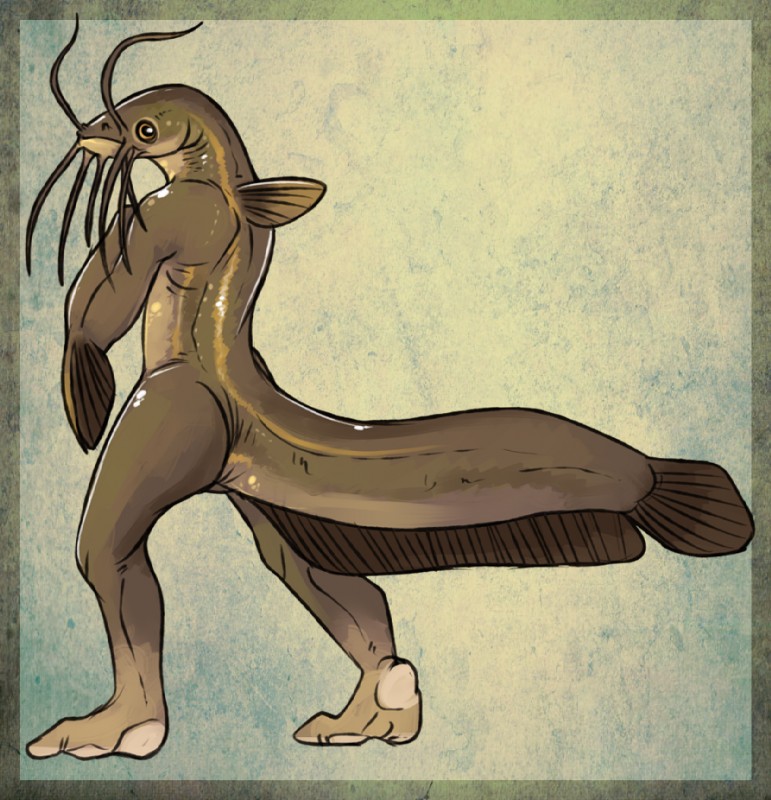 ambiguous_gender antennae_(anatomy) anthro arm_fins athletic athletic_ambiguous athletic_anthro barefoot biped border brown_background brown_body brown_border brown_countershading countershade_face countershade_tail countershade_torso countershading dorsal_fin feet fin glistening hand_on_chest humanoid_feet long_neck long_tail looking_at_viewer looking_away looking_back nude outside_border plantigrade raised_heel rear_view side_view simple_background solo standing tail tail_fin textured_background thick_tail whiskers yellow_eyes yellow_sclera imperatorcaesar airsac_catfish asian_stinging_catfish catfish fish marine 2015 digital_media_(artwork)