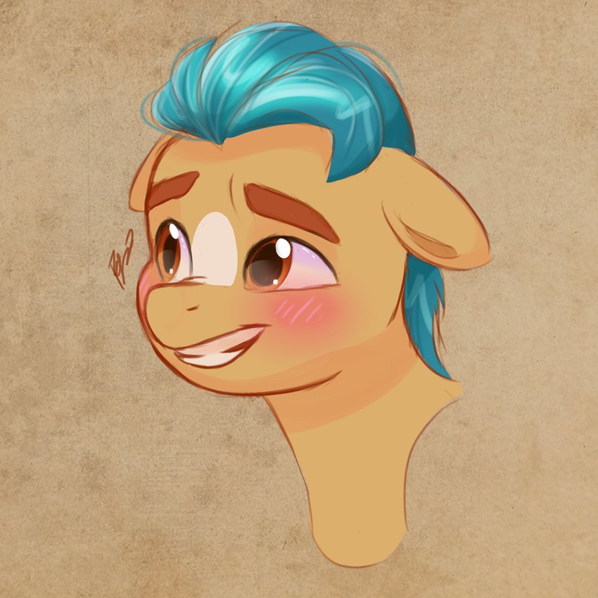 blush ears_down eyebrows feral green_mane looking_aside male mane markings orange_eyes pivoted_ears smile solo thick_eyebrows yellow_body artharuhi hasbro mlp_g5 my_little_pony hitch_trailblazer_(mlp) earth_pony equid equine horse mammal pony 1:1 absurd_res hi_res signature