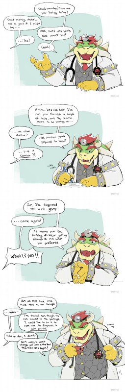 clothing dialogue head_mirror humor male medic medical_instrument offscreen_character scientific_instrument smile solo text undressing unprofessional_behavior 0rang3 mario_bros nintendo bowser dr._bowser koopa scalie absurd_res comic english_text hi_res