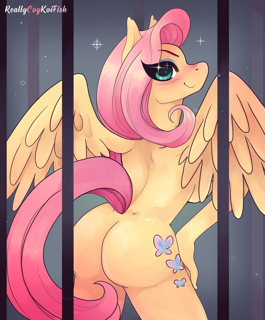 anthro bars breasts butt cage cutie_mark female looking_at_viewer looking_back nude raised_tail rear_view side_boob smile solo sparkles sparkling_eyes spread_wings tail wings reallycoykoifish friendship_is_magic hasbro my_little_pony mythology fluttershy_(mlp) equid equine mammal mythological_creature mythological_equine pegasus hi_res