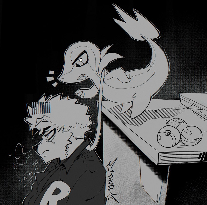 ambiguous_gender anthro biped black_nose clothed clothing duo fangs female fur hair hand_on_hip leaf leaf_tail looking_down male mouth_closed open_mouth pokeball side_view sound_effects tail teeth goonie-san nintendo pokemon goon_(goonie_san) canid canine canis domestic_dog generation_5_pokemon mammal pokemon_(species) snivy hi_res monochrome