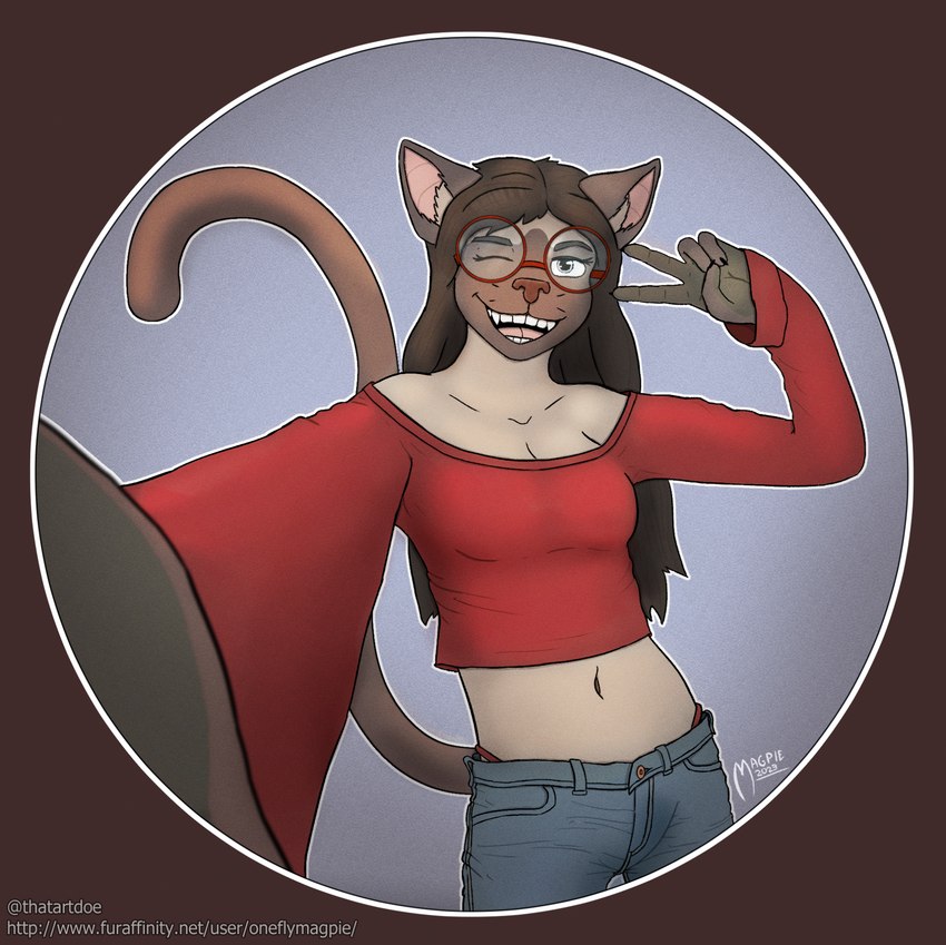 anthro bottomwear brown_hair clothed clothing denim denim_bottomwear denim_clothing eyewear female fully_clothed fur gesture glasses hair hand_gesture jeans long_sleeve_shirt midriff navel nerd one_eye_closed pants round_glasses selfie solo standing tan_body tan_fur text v_sign wink oneflymagpie june_katou junko_katou domestic_cat felid feline felis mammal hi_res url