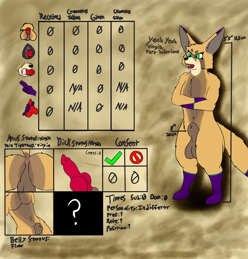 animal_genitalia animal_penis anthro anus balls big_ears canine_genitalia canine_penis genitals green_eyes inner_ear_fluff lewd_symbolism male male_anthro nude_anthro nude_male penis pointy_ears prick_ears sheath solo stated_virginity stats text tuft virgin vulnec canid canine fennec_fox fox mammal true_fox english_text hi_res model_sheet