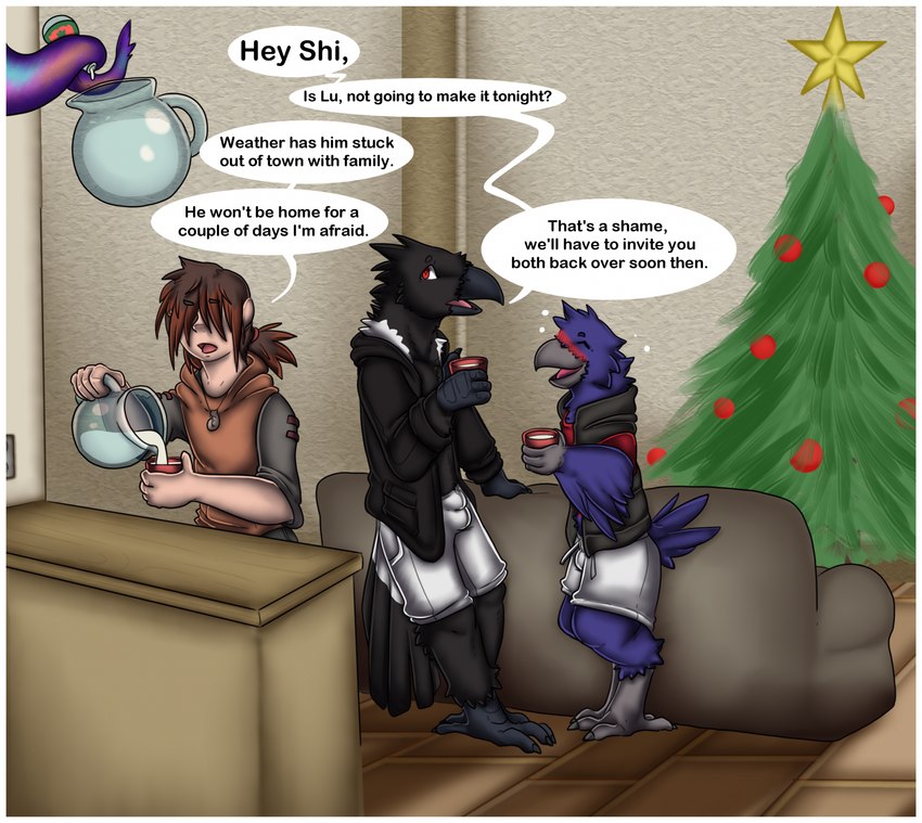 anthro beverage blush border christmas_tree clothed clothing container cup dialogue eggnog holidays male plant speech_bubble text tree white_border surrii christmas avian bird corvid corvus_(genus) human mammal oscine passerine raven colored english_text hi_res