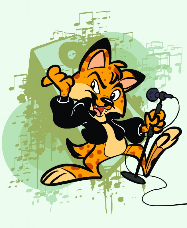 anthro black_eyes black_nose clothing electronics fangs fur jacket microphone musical_note musical_symbol orange_body orange_fur solo symbol teeth topwear juneduck21 gary_the_bobcat felid feline lynx mammal absurd_res hi_res