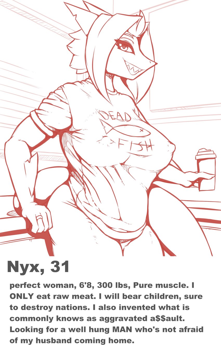 anthro beverage breasts clothed clothing coffee dating_app digit_ring female infidelity jewelry looking_at_viewer nipple_outline nipples no_bra ring sharp_teeth shirt smile solo t-shirt teeth text topwear wedding_ring conditional_dnp quin-nsfw tinder_(app) nyx_(quin-nsfw) fish marine shark 2024 5:8 absurd_res english_text hi_res