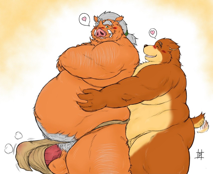 anthro asian_clothing balls belly big_belly blush clothing duo east_asian_clothing erection fundoshi genitals heart_symbol hug hugging_another hugging_from_behind japanese_clothing kemono male male/male overweight overweight_male penis simple_background tail tail_motion tailwag underwear pochizizi bear mammal suid suine sus_(pig) wild_boar 2023 hi_res