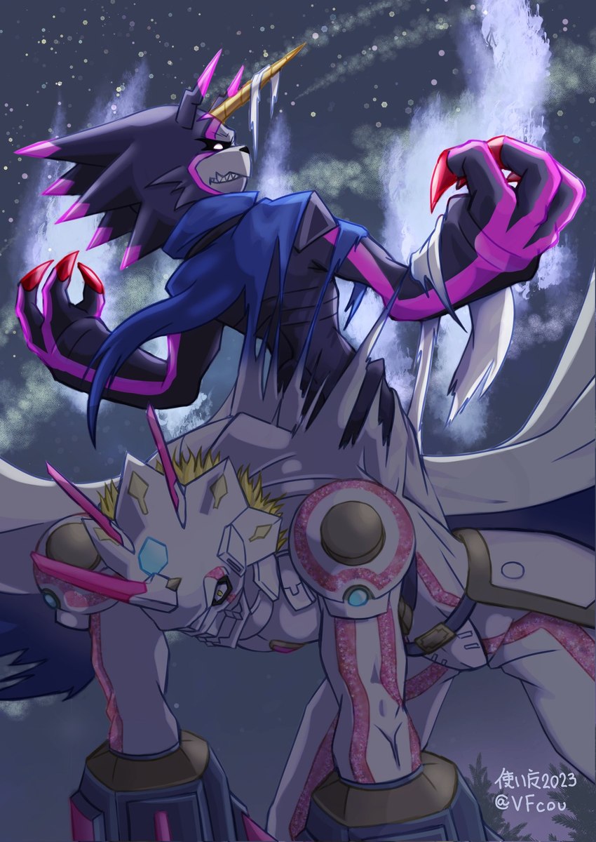 anthro black_body black_sclera blonde_hair cape claws clothing duo evolutionary_family hair horn male sky star starry_sky white_body yellow_eyes vfcou bandai_namco digimon digimon_ghost_game digimon_(species) gulusgammamon humanoid siriusmon hi_res