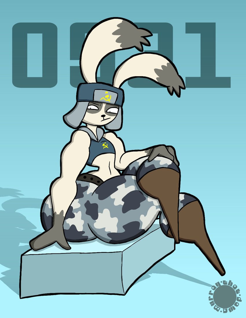 anthro belt blue_background blue_clothing blue_hat blue_headwear blue_topwear boots bottom_heavy bottomwear brown_boots brown_clothing brown_footwear camo camo_bottomwear camo_clothing camo_pants camo_print clothing crossed_legs curvy_figure featureless_feet feet femboy footwear fur gloves_(marking) gradient_background hammer_and_sickle hand_on_knee hand_on_leg hat headgear headwear knee_boots knee_highs legwear logo looking_down male markings midriff multicolored_body multicolored_fur navel pants pattern_bottomwear pattern_clothing pattern_pants shoes simple_background sitting solo thick_thighs toony topwear two_tone_body two_tone_fur ushanka white_body white_fur thatdawgmurray usavich boris_(usavich) lagomorph leporid mammal rabbit artist_logo artist_name hi_res signature watermark