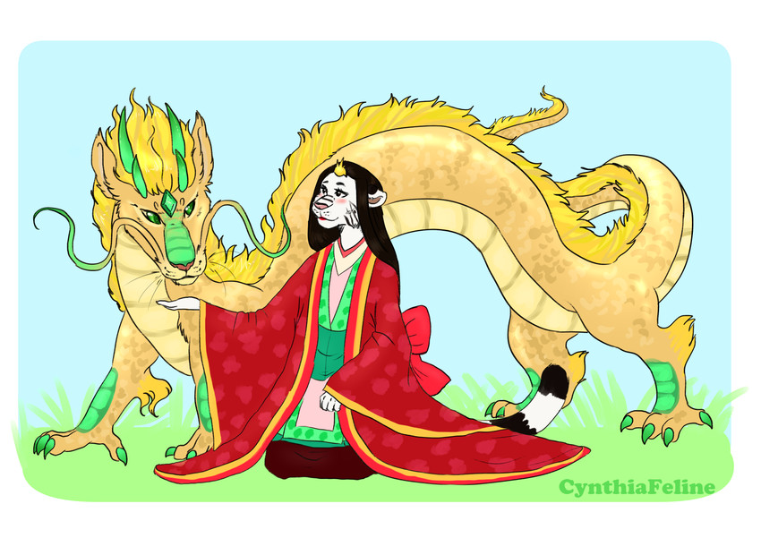 anthro asian_clothing clothing duo east_asian_clothing female feral japan japanese japanese_clothing kimono male male/female princess quadruped royalty size_difference tail cynthiafeline asian_mythology east_asian_mythology mythology dragon eastern_dragon felid mammal monster mythological_creature mythological_scalie pantherine scalie tiger jade_(disambiguation) absurd_res hi_res