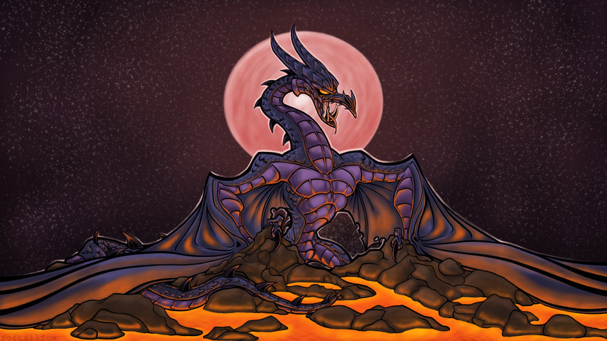 claws feral glowing glowing_eyes intimidation lava male moon night open_mouth outside purple_body purple_scales scales scaly_tail scary solo tail teeth wings softailfox european_mythology mighty_max mythology doom_dragon dragon mythological_creature mythological_scalie scalie western_dragon wyvern hi_res