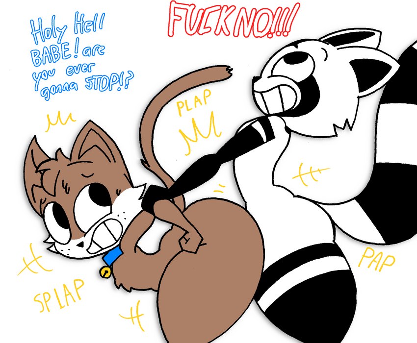 anal anal_penetration anthro big_butt black_body brown_body brown_fur butt dialogue duo femboy fur male male/male multicolored_body penetration profanity sex simple_background text thick_thighs two_tone_body white_background white_body wide_hips rexon02 rex_raccoon_(rexon02) domestic_cat felid feline felis mammal procyonid raccoon english_text hi_res