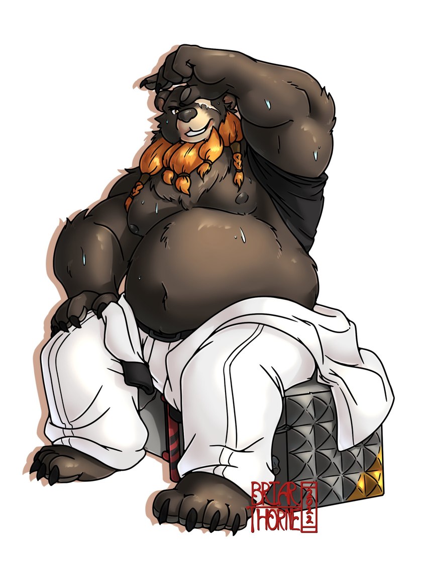 anthro belly big_belly bottomwear clothing male moobs nipples overweight overweight_male pants possession scar sitting solo briarsthorne mihoyo zenless_zone_zero ben_bigger lumus_king bear mammal 2022 3:4 absurd_res hi_res