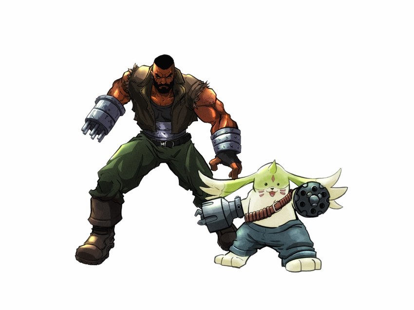 ammo_belt anthro bottomwear clothing denim denim_bottomwear denim_clothing duo gun_arm jeans long_ears male muscular muscular_anthro muscular_male pants steven_purifoy bandai_namco digimon final_fantasy final_fantasy_vii square_enix barret_wallace digimon_(species) gargomon human mammal 4:3 crossover hi_res