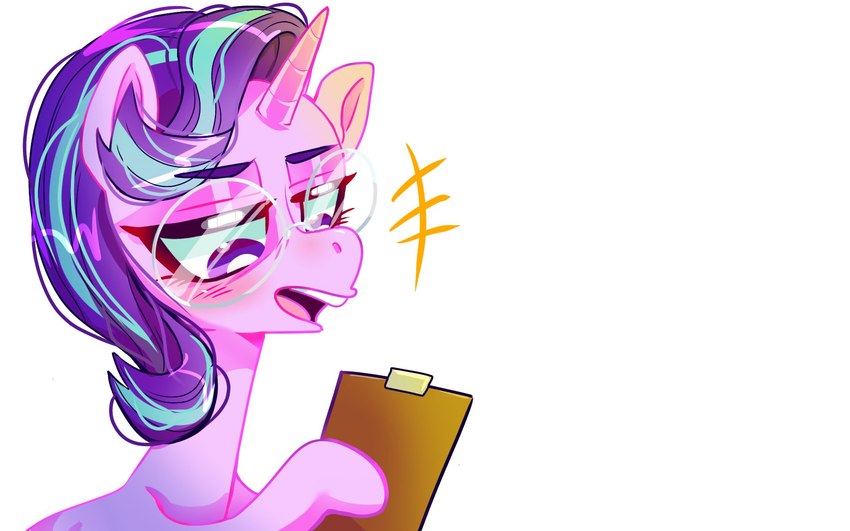 clipboard eyebrows eyewear female feral glasses hair horn looking_down multicolored_hair open_mouth pink_body pupils purple_hair simple_background solo two_tone_hair white_background white_pupils jully-park friendship_is_magic hasbro my_little_pony mythology starlight_glimmer_(mlp) equid equine mammal mythological_creature mythological_equine unicorn 16:10 2023 digital_drawing_(artwork) digital_media_(artwork) hi_res widescreen