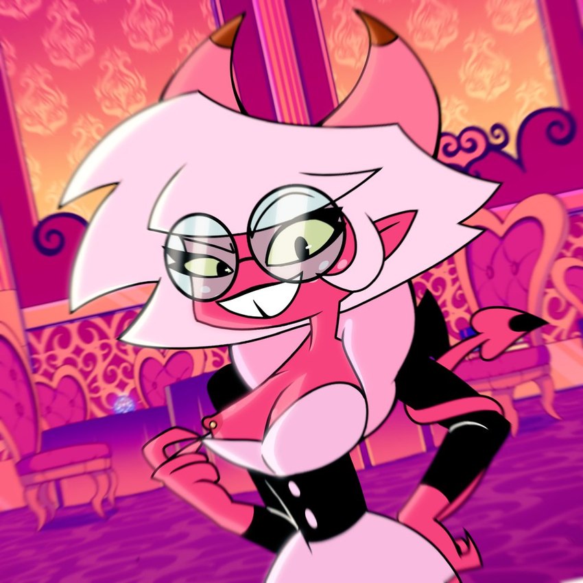 breasts clothed clothing detailed_background eyewear female flashing flashing_breasts glasses hair horn inside looking_at_viewer nipple_piercing nipples open_mouth open_smile partially_clothed piercing pink_body pink_hair smile solo tail teeth thick_thighs white_hair simp_tale helluva_boss asmodeus_assistant background_character demon demon_humanoid horned_humanoid humanoid succubus tailed_humanoid 1:1