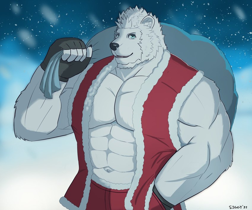 abs anthro beard biceps bottomwear clothing costume facial_hair fur fur_lined_bottomwear fur_lined_clothing green_eyes hair holding_bag holidays ice male muscular muscular_anthro muscular_male navel pants pecs red_bottomwear red_clothing red_pants red_topwear red_vest santa_costume sideburns snow snowing solo topwear triceps vest white_body white_fur white_hair storiaxion christmas december_twilight nicholas_briant bear mammal polar_bear ursine 2022 6:5 artist_name dated hi_res