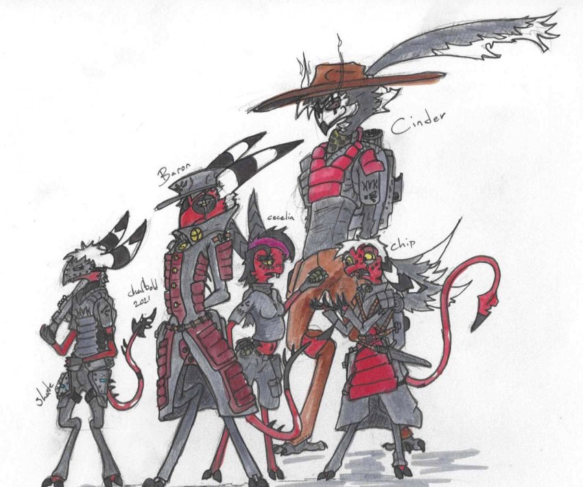 armor clothing group gun hand_grenade hat headgear headwear mercenary ranged_weapon shotgun weapon charbold helluva_boss baron_(charbold) cecelia_(charbold) chip_(charbold) cinder_(charbold) fan_character shade_(charbold) demon imp