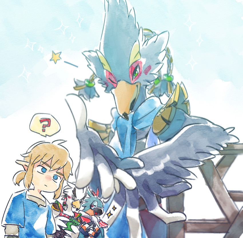 anthro blue_body blue_feathers blush feathers group male one_eye_closed question_mark seductive white_body white_feathers wink ningukt breath_of_the_wild nintendo the_legend_of_zelda kass_(tloz) link revali teba_(tloz) avian bird humanoid hylian rito