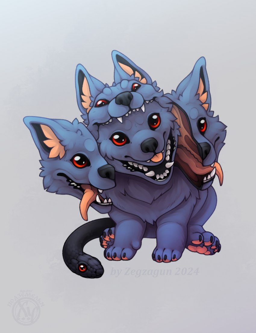 ambiguous_gender bisected_skull chibi feral forked_tongue fur grey_body grey_fur inner_ear_fluff multi_head open_mouth red_eyes smile solo split_head teeth tongue tongue_out tuft young zegzagun european_mythology greek_mythology mythology canid canid_demon canine cerberus demon hellhound mammal mythological_canine mythological_creature reptile scalie snake full-length_portrait hi_res portrait