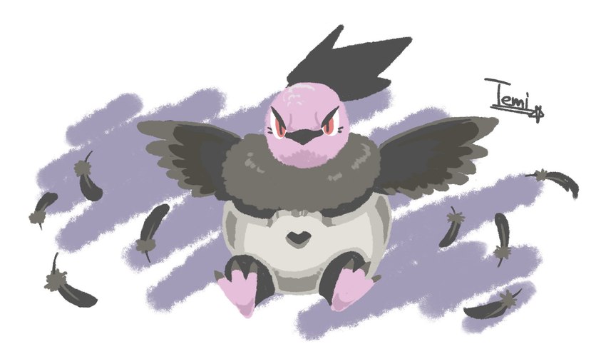 ambiguous_gender beak eggshell feathers feral front_view grey_beak grey_body grey_feathers looking_at_viewer neck_tuft pink_body red_eyes shell simple_background sitting solo spread_wings text tuft white_background wings temitess nintendo pokemon generation_5_pokemon pokemon_(species) vullaby 2017 5:3 artist_name hi_res lineless