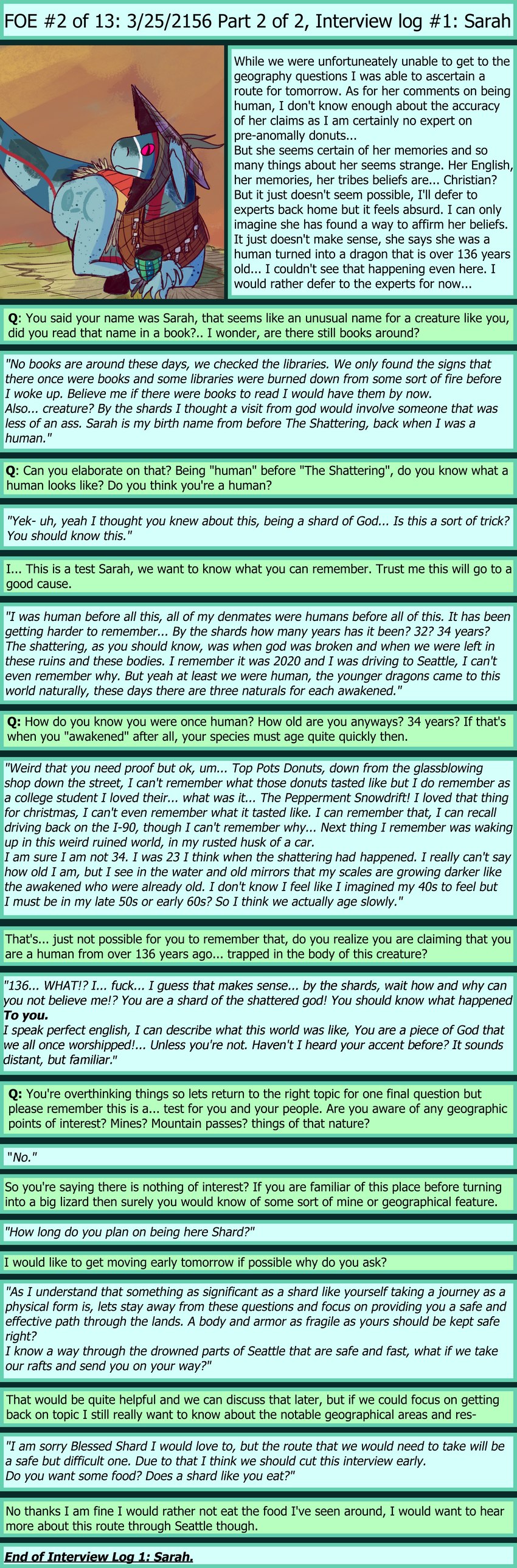 event_log female feral interview post-apocalyptic profanity solo text tribal tribal_clothing tribal_paint thepatchedragon dragonscape mythology sarah_(thepatchedragon) dinosaur dragon drekir dromaeosaurid mythological_creature mythological_scalie prehistoric_species reptile scalie theropod absurd_res english_text hi_res