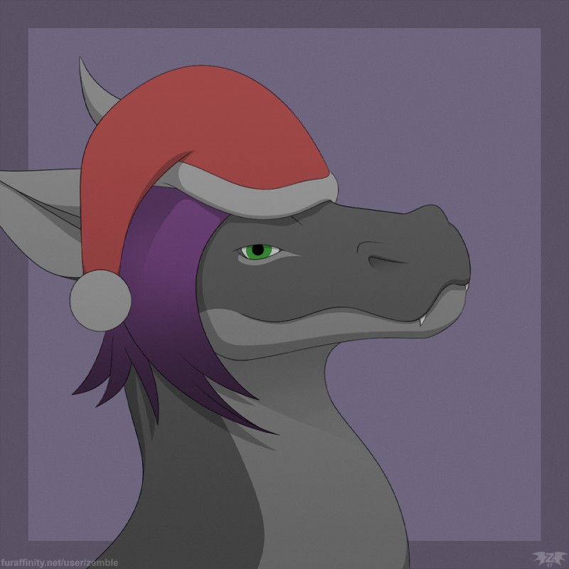 christmas_clothing christmas_headwear clothing feral green_eyes hair hat headgear headwear holidays horn male purple_hair santa_hat short_hair simple_background smile solo zemble christmas mythology seren_duskflare dragon mythological_creature mythological_scalie scalie 1:1